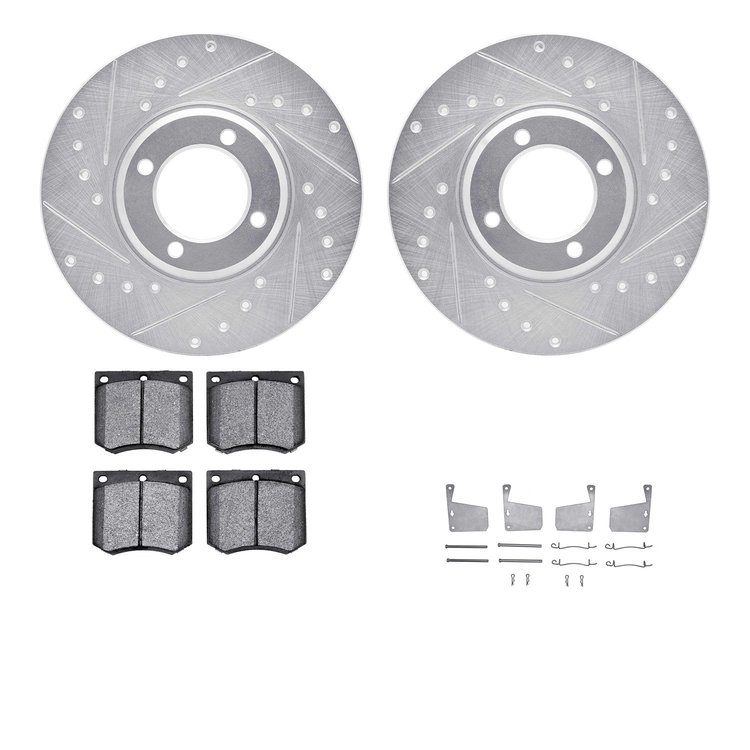 7612-56004 Drilled/Slotted Brake Rotors w/5000 Euro Ceramic Brake Pads Kit & Hardware [Silver], 1970-1977 Ford/Lincoln/Mercury/M