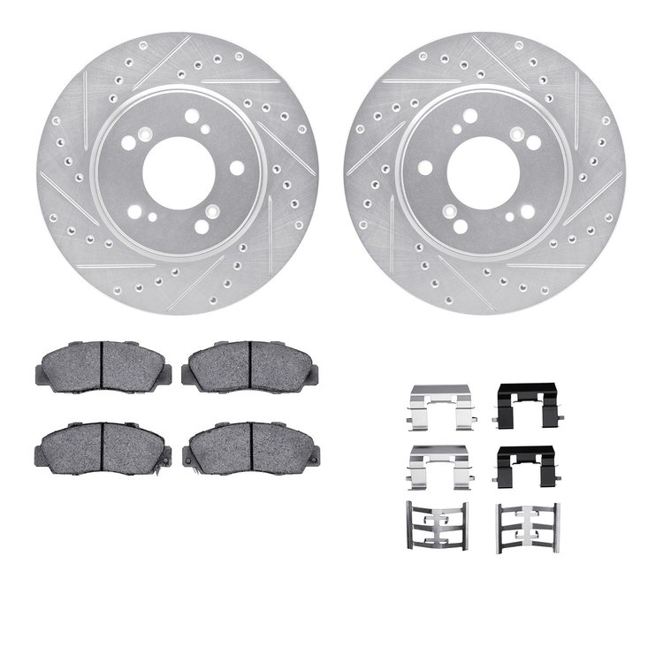 7612-58000 Drilled/Slotted Brake Rotors w/5000 Euro Ceramic Brake Pads Kit & Hardware [Silver], 1991-1996 Acura/Honda, Position: