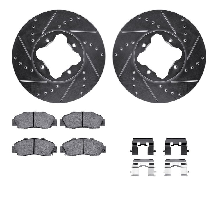 7612-58001 Drilled/Slotted Brake Rotors w/5000 Euro Ceramic Brake Pads Kit & Hardware [Silver], 1992-1998 Acura/Honda, Position: