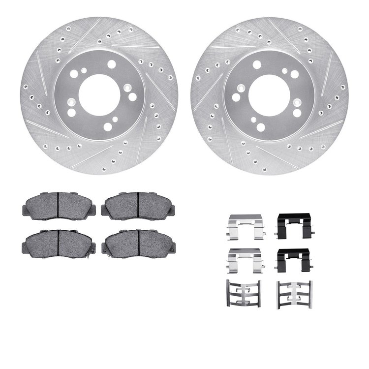 7612-58002 Drilled/Slotted Brake Rotors w/5000 Euro Ceramic Brake Pads Kit & Hardware [Silver], 1993-1995 Acura/Honda, Position: