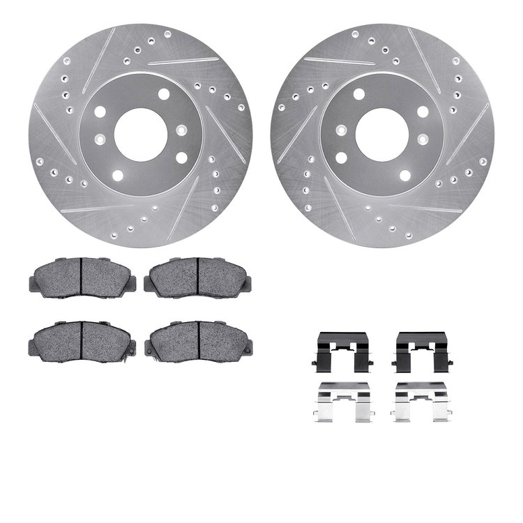 7612-58003 Drilled/Slotted Brake Rotors w/5000 Euro Ceramic Brake Pads Kit & Hardware [Silver], 1998-1999 Acura/Honda, Position: