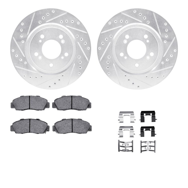 7612-58004 Drilled/Slotted Brake Rotors w/5000 Euro Ceramic Brake Pads Kit & Hardware [Silver], 1997-2005 Acura/Honda, Position: