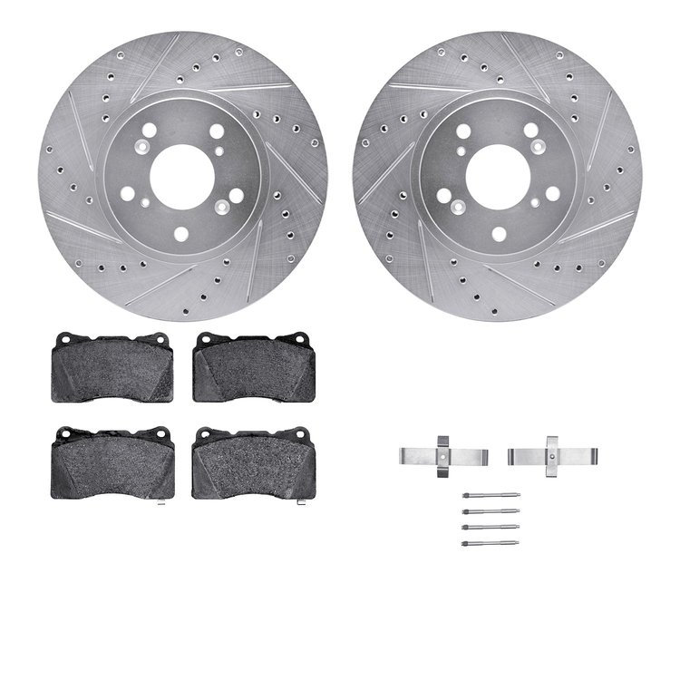 7612-58005 Drilled/Slotted Brake Rotors w/5000 Euro Ceramic Brake Pads Kit & Hardware [Silver], 2004-2008 Acura/Honda, Position: