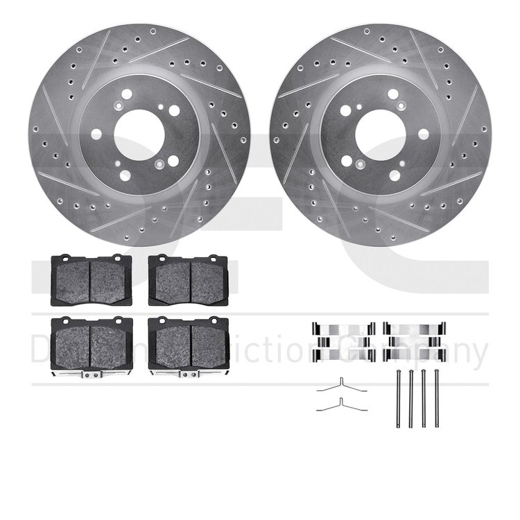 7612-58006 Drilled/Slotted Brake Rotors w/5000 Euro Ceramic Brake Pads Kit & Hardware [Silver], 2005-2012 Acura/Honda, Position: