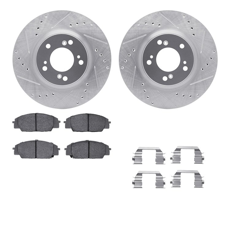 7612-59002 Drilled/Slotted Brake Rotors w/5000 Euro Ceramic Brake Pads Kit & Hardware [Silver], 2000-2009 Acura/Honda, Position: