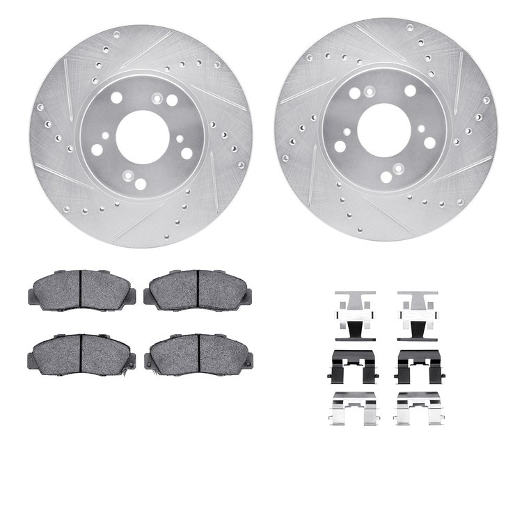 7612-59004 Drilled/Slotted Brake Rotors w/5000 Euro Ceramic Brake Pads Kit & Hardware [Silver], 1998-2002 Acura/Honda, Position: