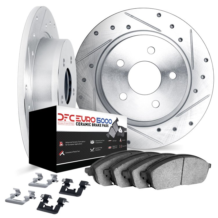 7612-63001 Drilled/Slotted Brake Rotors w/5000 Euro Ceramic Brake Pads Kit & Hardware [Silver], 1963-1967 Mercedes-Benz, Positio