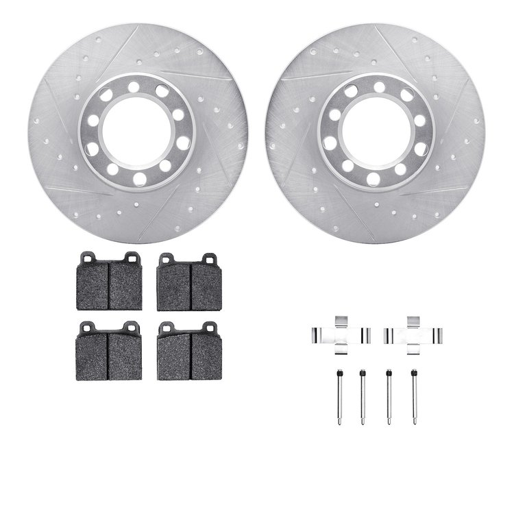 7612-63012 Drilled/Slotted Brake Rotors w/5000 Euro Ceramic Brake Pads Kit & Hardware [Silver], 1968-1976 Mercedes-Benz, Positio