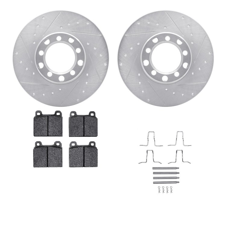 7612-63013 Drilled/Slotted Brake Rotors w/5000 Euro Ceramic Brake Pads Kit & Hardware [Silver], 1968-1976 Mercedes-Benz, Positio