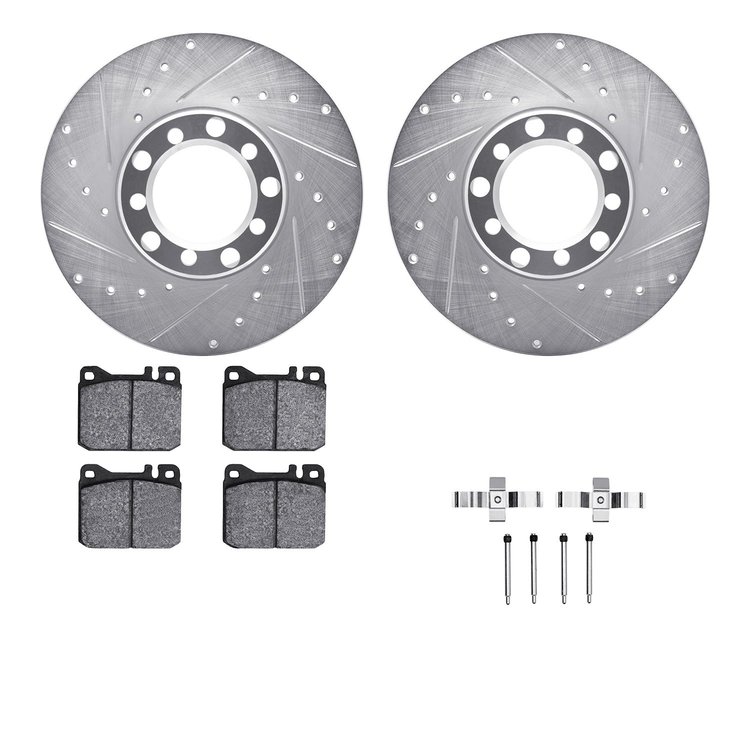 7612-63014 Drilled/Slotted Brake Rotors w/5000 Euro Ceramic Brake Pads Kit & Hardware [Silver], 1973-1979 Mercedes-Benz, Positio