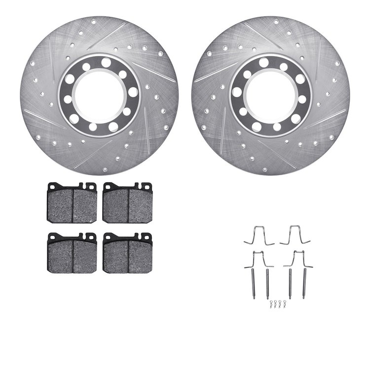 7612-63015 Drilled/Slotted Brake Rotors w/5000 Euro Ceramic Brake Pads Kit & Hardware [Silver], 1976-1979 Mercedes-Benz, Positio
