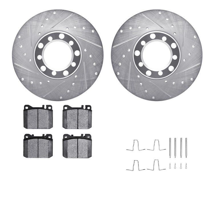7612-63016 Drilled/Slotted Brake Rotors w/5000 Euro Ceramic Brake Pads Kit & Hardware [Silver], 1979-1985 Mercedes-Benz, Positio