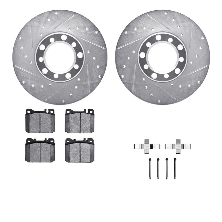 7612-63017 Drilled/Slotted Brake Rotors w/5000 Euro Ceramic Brake Pads Kit & Hardware [Silver], 1979-1985 Mercedes-Benz, Positio