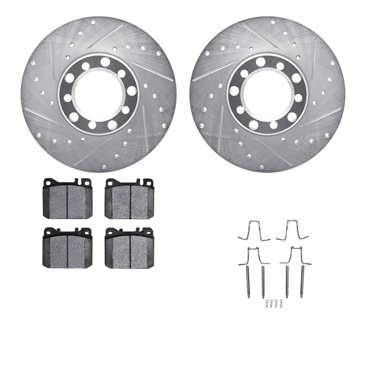 7612-63018 Drilled/Slotted Brake Rotors w/5000 Euro Ceramic Brake Pads Kit & Hardware [Silver], 1980-1985 Mercedes-Benz, Positio