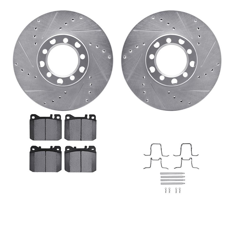 7612-63020 Drilled/Slotted Brake Rotors w/5000 Euro Ceramic Brake Pads Kit & Hardware [Silver], 1979-1985 Mercedes-Benz, Positio