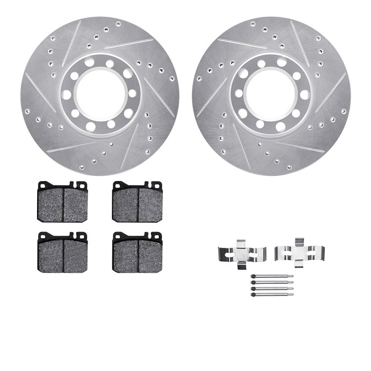 7612-63021 Drilled/Slotted Brake Rotors w/5000 Euro Ceramic Brake Pads Kit & Hardware [Silver], 1972-1979 Mercedes-Benz, Positio