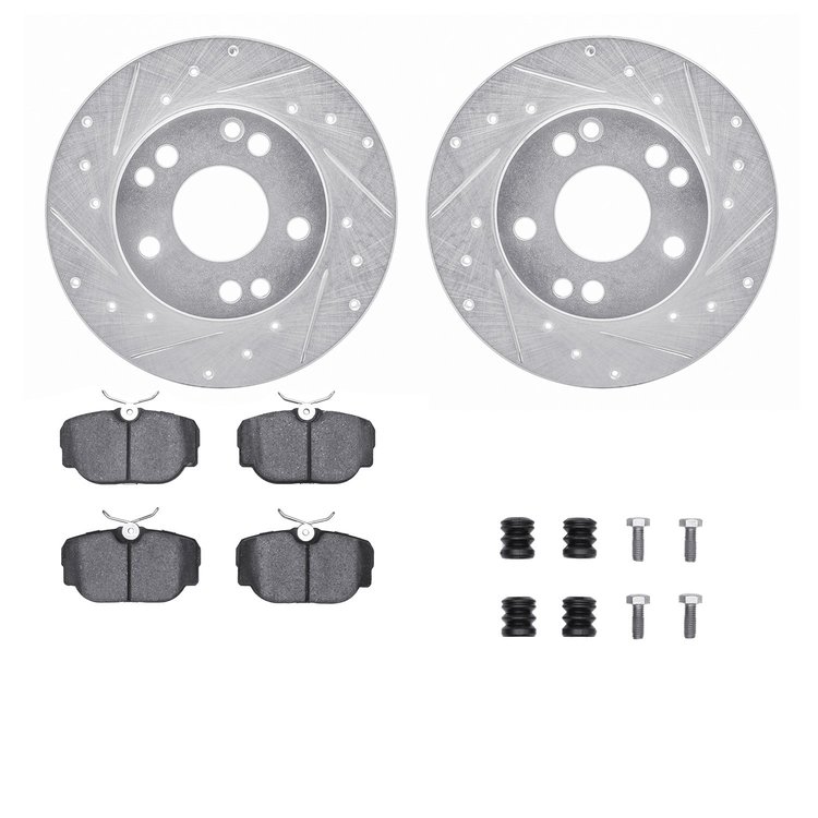 7612-63026 Drilled/Slotted Brake Rotors w/5000 Euro Ceramic Brake Pads Kit & Hardware [Silver], 1984-1989 Mercedes-Benz, Positio