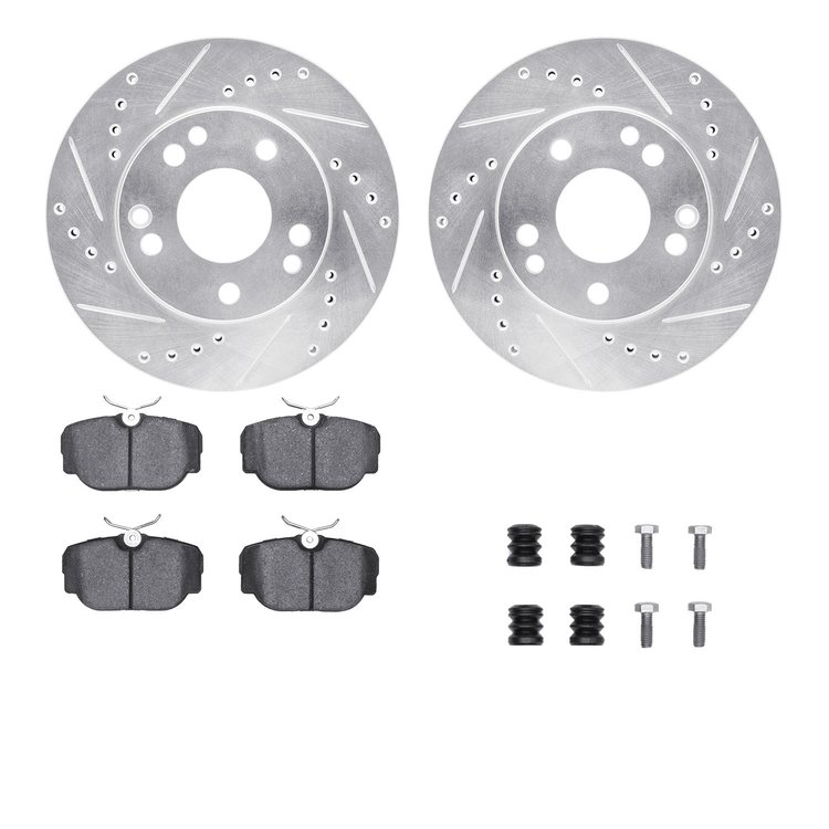 7612-63027 Drilled/Slotted Brake Rotors w/5000 Euro Ceramic Brake Pads Kit & Hardware [Silver], 1987-1987 Mercedes-Benz, Positio