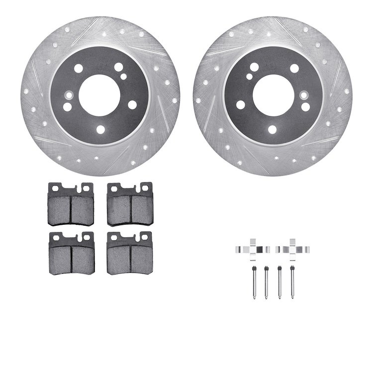 7612-63028 Drilled/Slotted Brake Rotors w/5000 Euro Ceramic Brake Pads Kit & Hardware [Silver], 1987-2000 Mercedes-Benz, Positio
