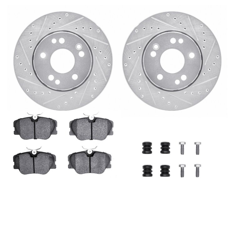 7612-63030 Drilled/Slotted Brake Rotors w/5000 Euro Ceramic Brake Pads Kit & Hardware [Silver], 1990-1992 Mercedes-Benz, Positio