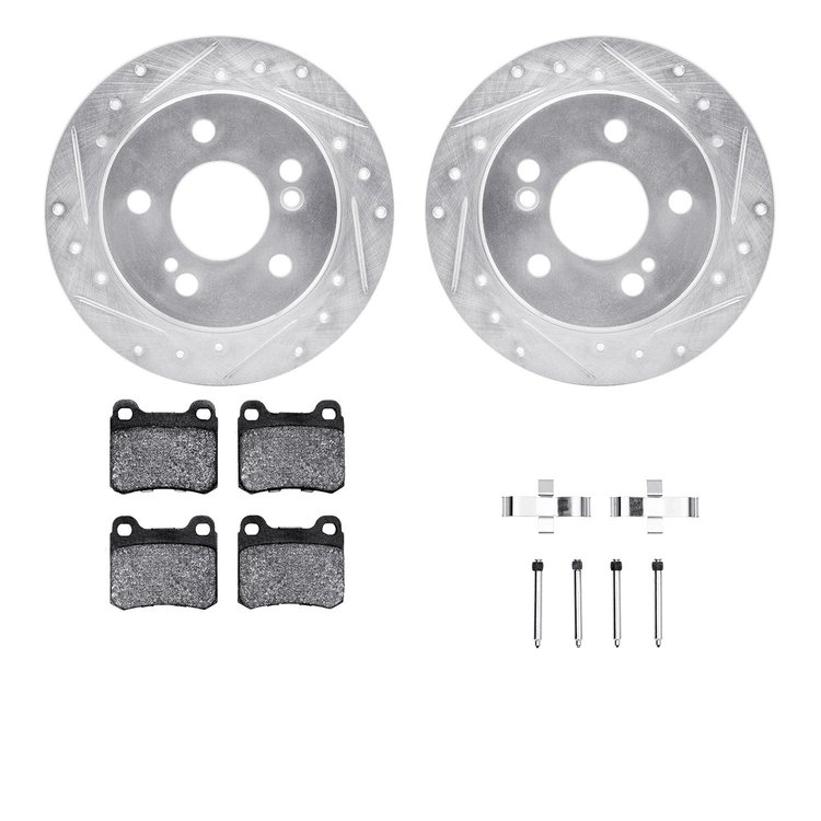 7612-63032 Drilled/Slotted Brake Rotors w/5000 Euro Ceramic Brake Pads Kit & Hardware [Silver], 1984-1989 Mercedes-Benz, Positio