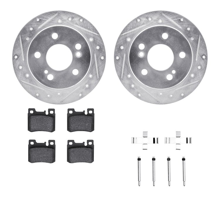 7612-63033 Drilled/Slotted Brake Rotors w/5000 Euro Ceramic Brake Pads Kit & Hardware [Silver], 1986-1993 Mercedes-Benz, Positio