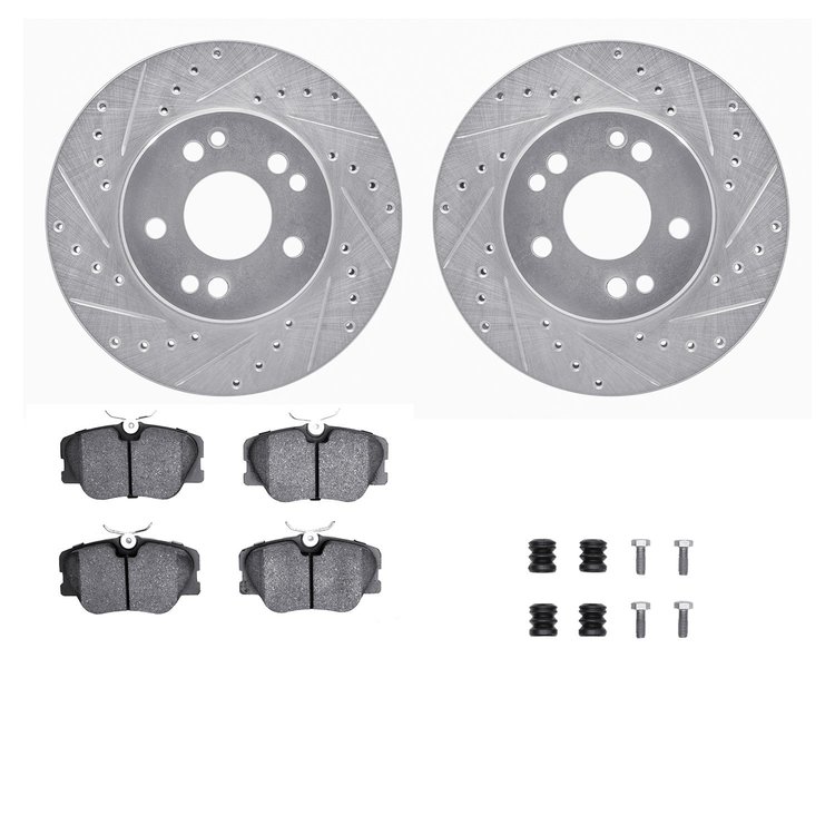 7612-63034 Drilled/Slotted Brake Rotors w/5000 Euro Ceramic Brake Pads Kit & Hardware [Silver], 1984-1995 Mercedes-Benz, Positio
