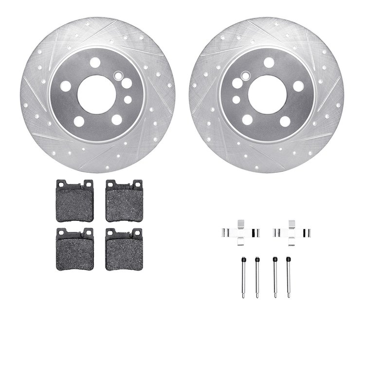 7612-63040 Drilled/Slotted Brake Rotors w/5000 Euro Ceramic Brake Pads Kit & Hardware [Silver], 1991-1999 Mercedes-Benz, Positio