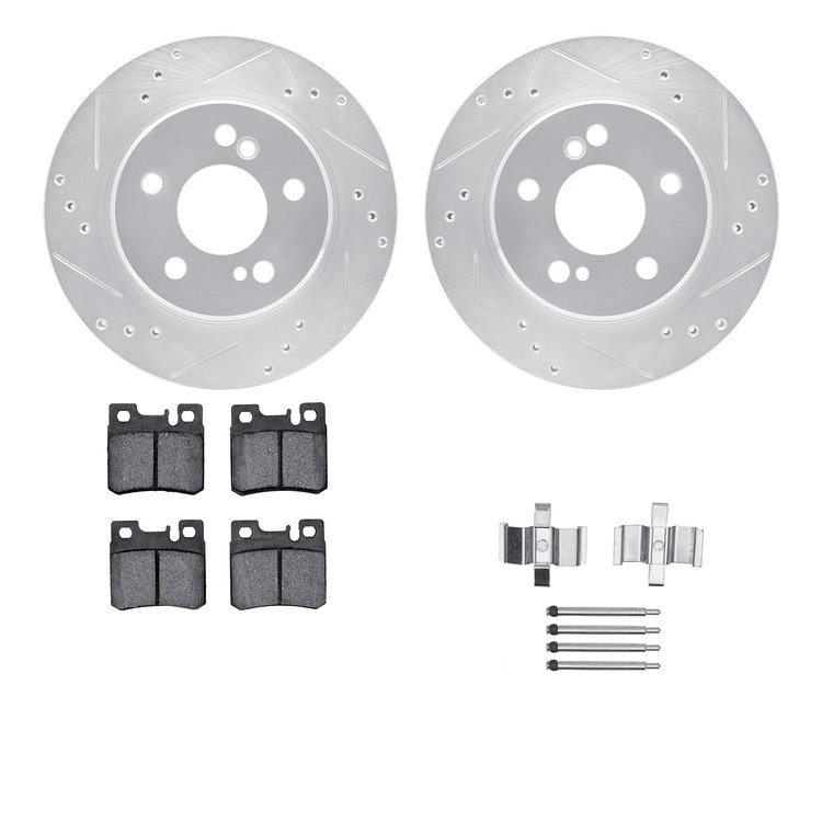 7612-63043 Drilled/Slotted Brake Rotors w/5000 Euro Ceramic Brake Pads Kit & Hardware [Silver], 1992-1995 Mercedes-Benz, Positio