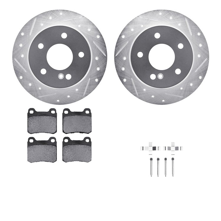 7612-63044 Drilled/Slotted Brake Rotors w/5000 Euro Ceramic Brake Pads Kit & Hardware [Silver], 1994-1995 Mercedes-Benz, Positio