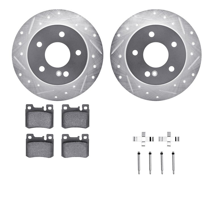 7612-63045 Drilled/Slotted Brake Rotors w/5000 Euro Ceramic Brake Pads Kit & Hardware [Silver], 1994-1995 Mercedes-Benz, Positio