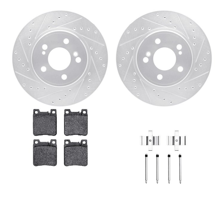 7612-63048 Drilled/Slotted Brake Rotors w/5000 Euro Ceramic Brake Pads Kit & Hardware [Silver], 1993-2002 Mercedes-Benz, Positio