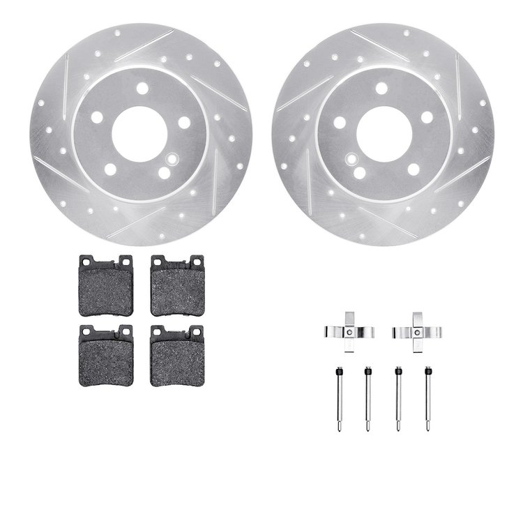 7612-63050 Drilled/Slotted Brake Rotors w/5000 Euro Ceramic Brake Pads Kit & Hardware [Silver], 1994-2000 Mercedes-Benz, Positio