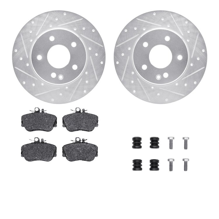 7612-63053 Drilled/Slotted Brake Rotors w/5000 Euro Ceramic Brake Pads Kit & Hardware [Silver], 1997-1998 Mercedes-Benz, Positio