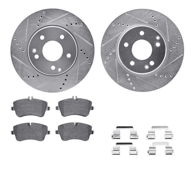 7612-63059 Drilled/Slotted Brake Rotors w/5000 Euro Ceramic Brake Pads Kit & Hardware [Silver], 2001-2005 Mercedes-Benz, Positio
