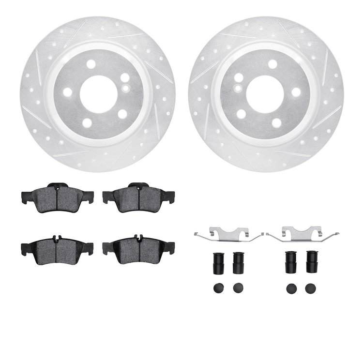 7612-63065 Drilled/Slotted Brake Rotors w/5000 Euro Ceramic Brake Pads Kit & Hardware [Silver], 2003-2006 Mercedes-Benz, Positio