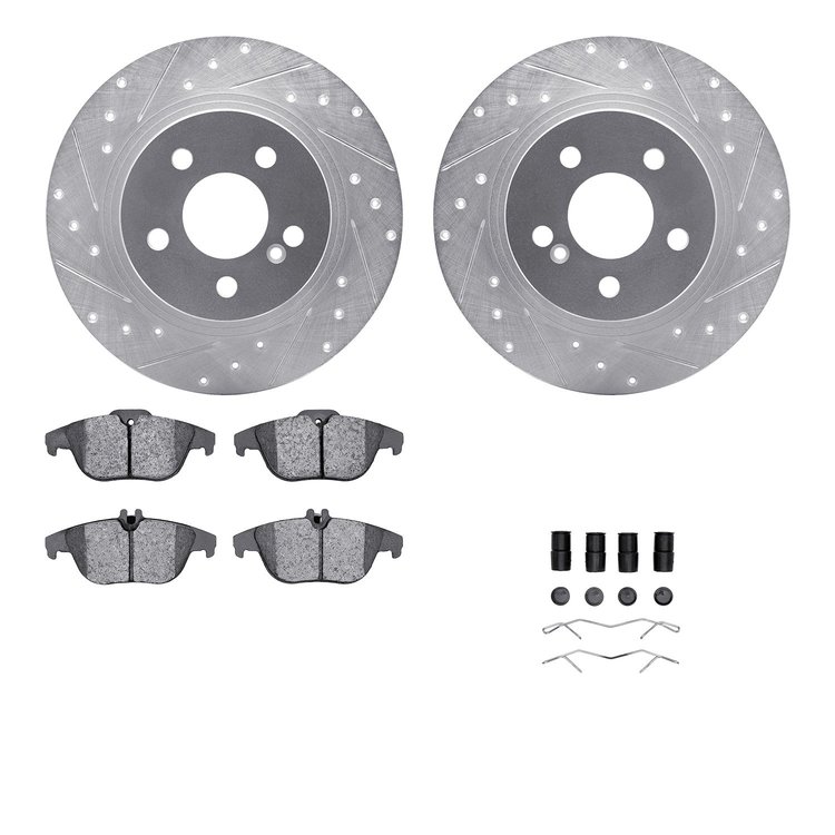 7612-63068 Drilled/Slotted Brake Rotors w/5000 Euro Ceramic Brake Pads Kit & Hardware [Silver], 2008-2015 Mercedes-Benz, Positio