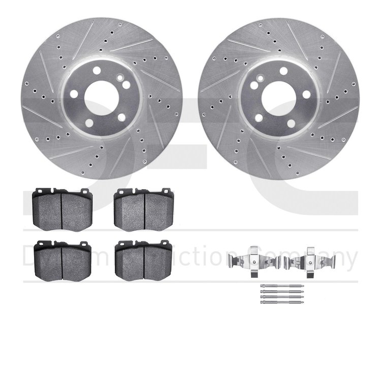 7612-63076 Drilled/Slotted Brake Rotors w/5000 Euro Ceramic Brake Pads Kit & Hardware [Silver], Fits Select Mercedes-Benz, Posit