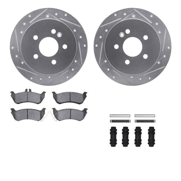 7612-63078 Drilled/Slotted Brake Rotors w/5000 Euro Ceramic Brake Pads Kit & Hardware [Silver], 1998-2005 Mercedes-Benz, Positio