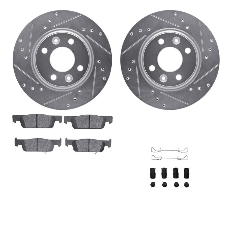 7612-63091 Drilled/Slotted Brake Rotors w/5000 Euro Ceramic Brake Pads Kit & Hardware [Silver], 2016-2018 Smart, Position: Front
