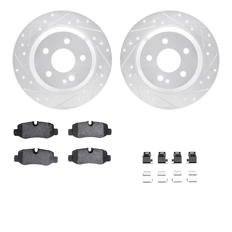 7612-63092 Drilled/Slotted Brake Rotors w/5000 Euro Ceramic Brake Pads Kit & Hardware [Silver], Fits Select Mercedes-Benz, Posit