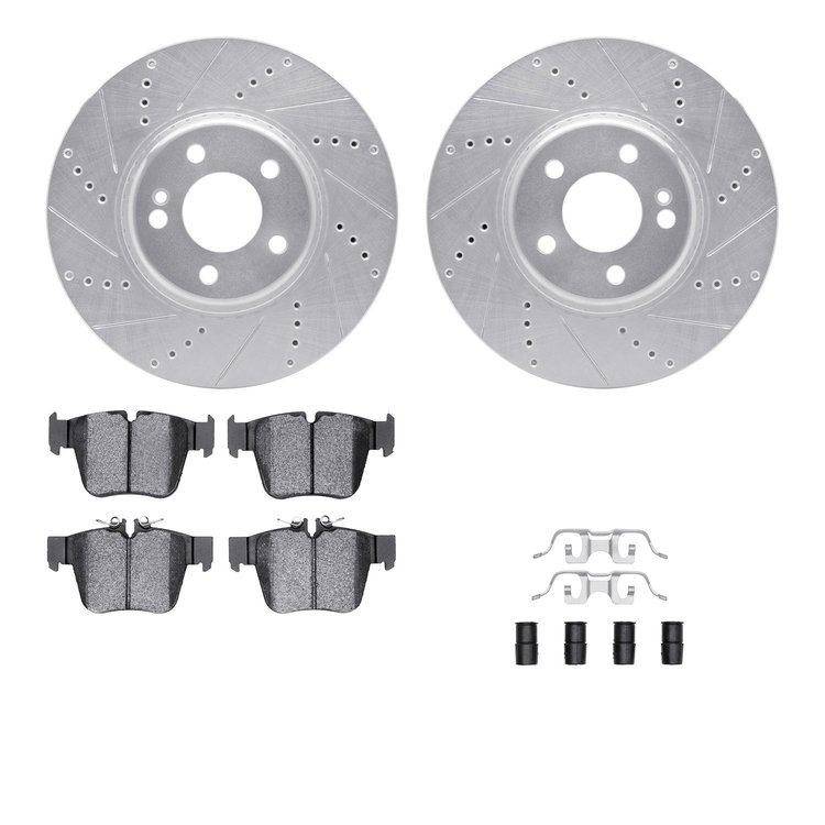 7612-63093 Drilled/Slotted Brake Rotors w/5000 Euro Ceramic Brake Pads Kit & Hardware [Silver], Fits Select Mercedes-Benz, Posit