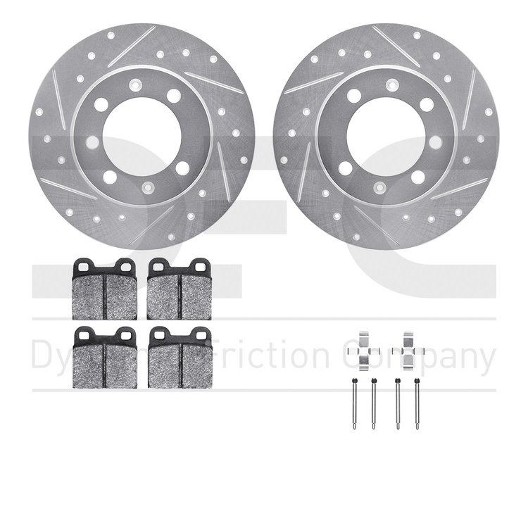 7612-65000 Drilled/Slotted Brake Rotors w/5000 Euro Ceramic Brake Pads Kit & Hardware [Silver], 1969-1974 GM, Position: Rear