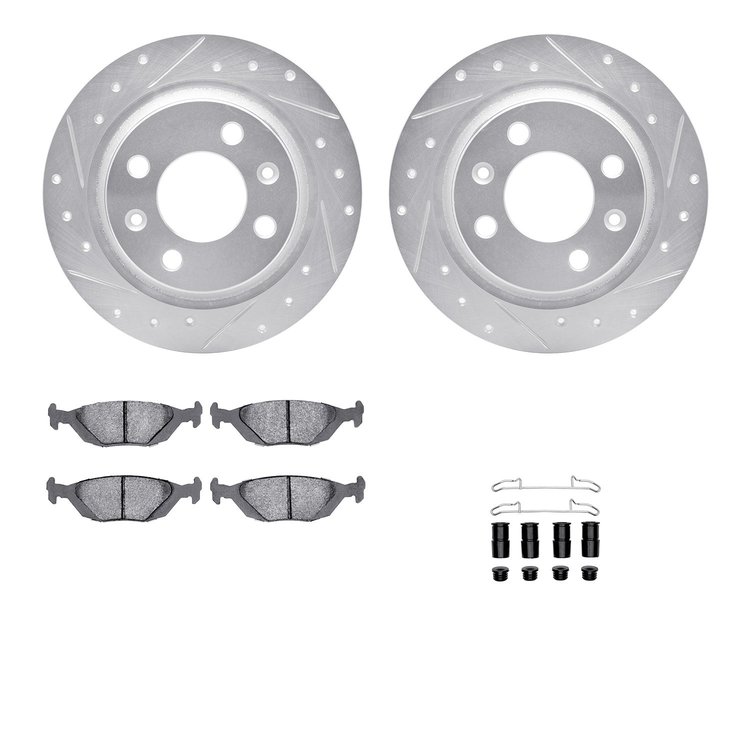 7612-65003 Drilled/Slotted Brake Rotors w/5000 Euro Ceramic Brake Pads Kit & Hardware [Silver], 1986-1998 GM, Position: Rear