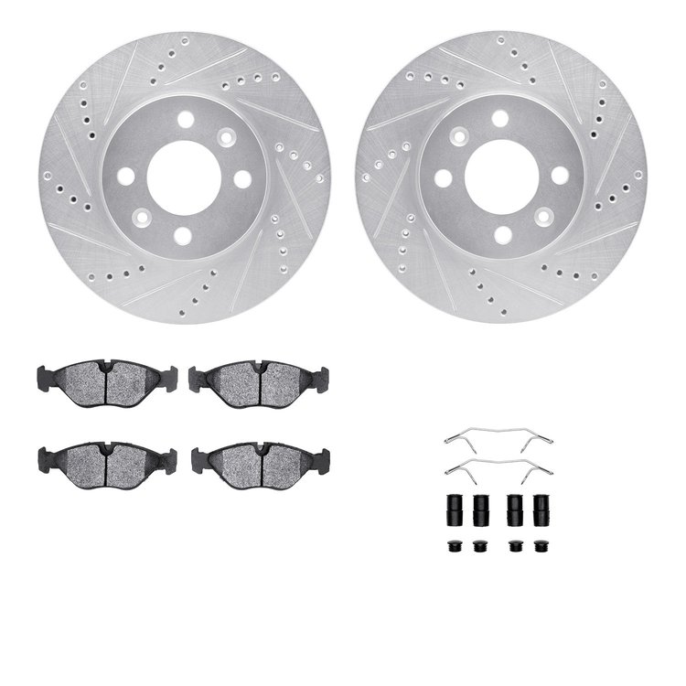 7612-65004 Drilled/Slotted Brake Rotors w/5000 Euro Ceramic Brake Pads Kit & Hardware [Silver], 1988-1998 GM, Position: Front