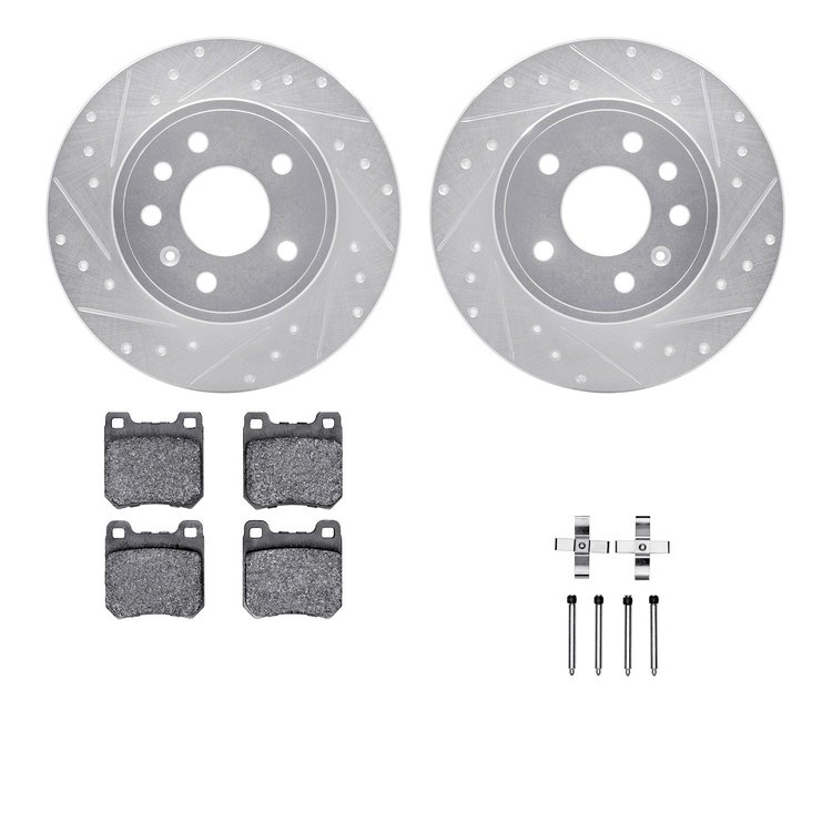 7612-65005 Drilled/Slotted Brake Rotors w/5000 Euro Ceramic Brake Pads Kit & Hardware [Silver], 1997-2008 GM, Position: Rear