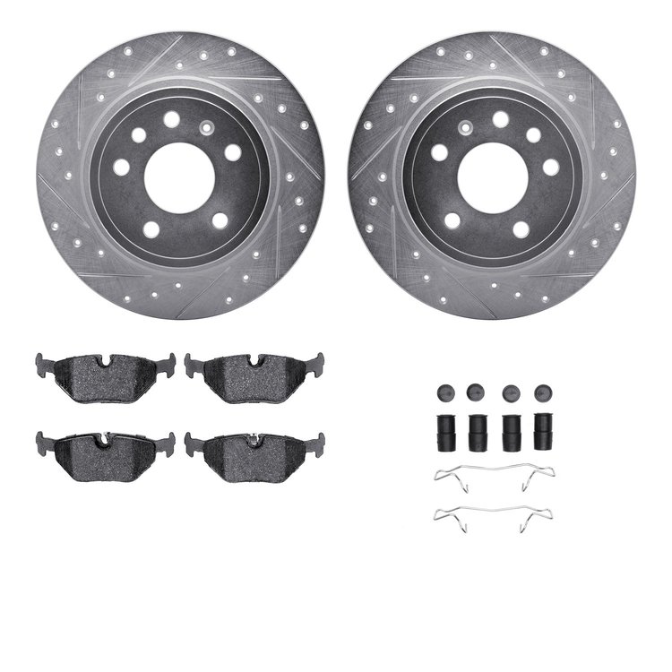7612-65006 Drilled/Slotted Brake Rotors w/5000 Euro Ceramic Brake Pads Kit & Hardware [Silver], 1999-2010 GM, Position: Rear