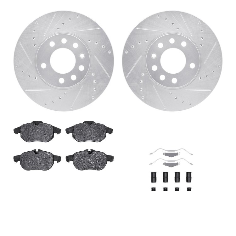 7612-65009 Drilled/Slotted Brake Rotors w/5000 Euro Ceramic Brake Pads Kit & Hardware [Silver], 2003-2005 GM, Position: Front