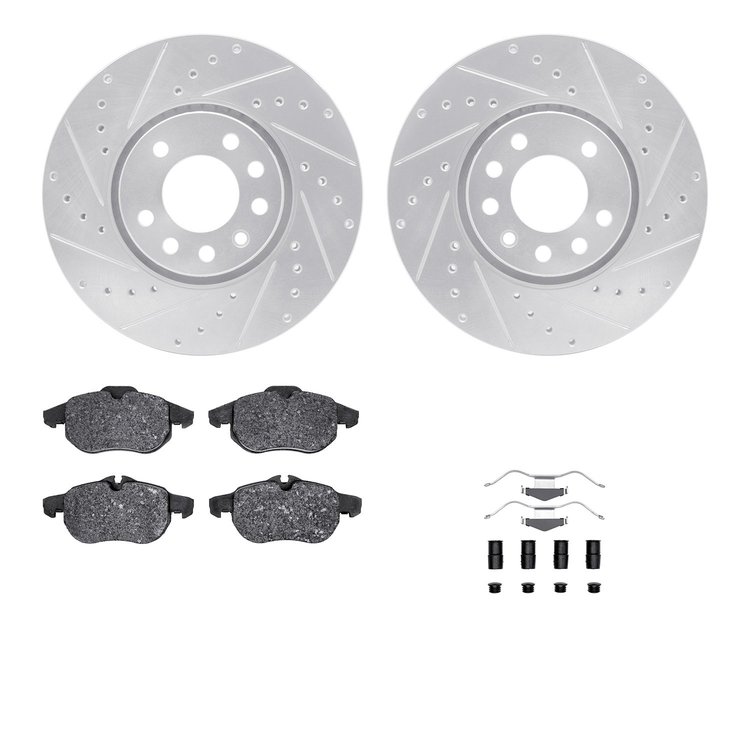 7612-65011 Drilled/Slotted Brake Rotors w/5000 Euro Ceramic Brake Pads Kit & Hardware [Silver], 2003-2005 GM, Position: Front