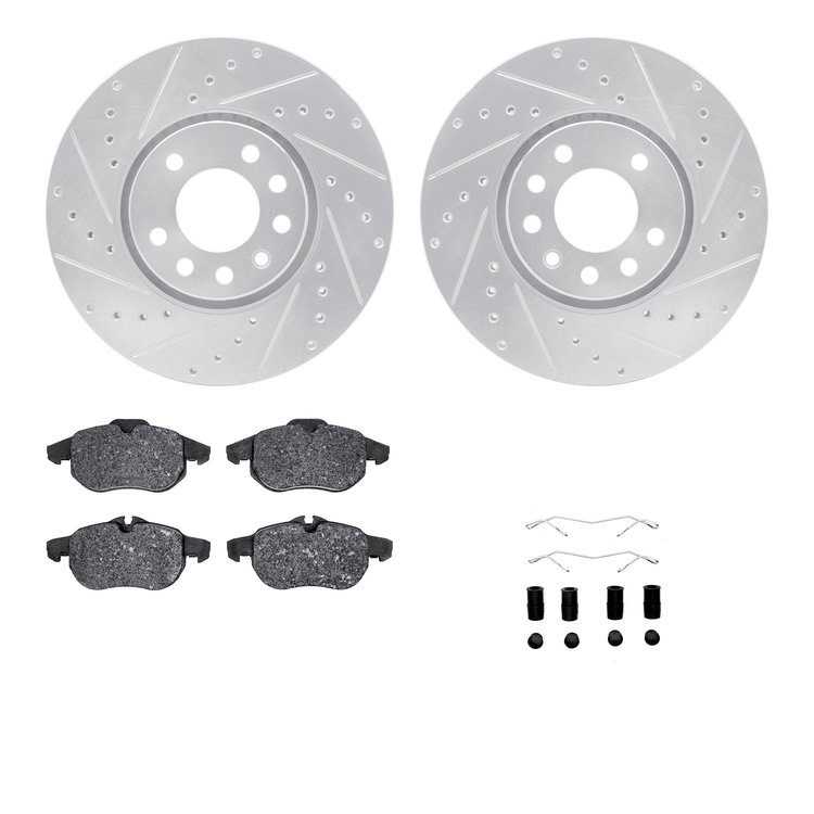 7612-65012 Drilled/Slotted Brake Rotors w/5000 Euro Ceramic Brake Pads Kit & Hardware [Silver], 2003-2011 GM, Position: Front